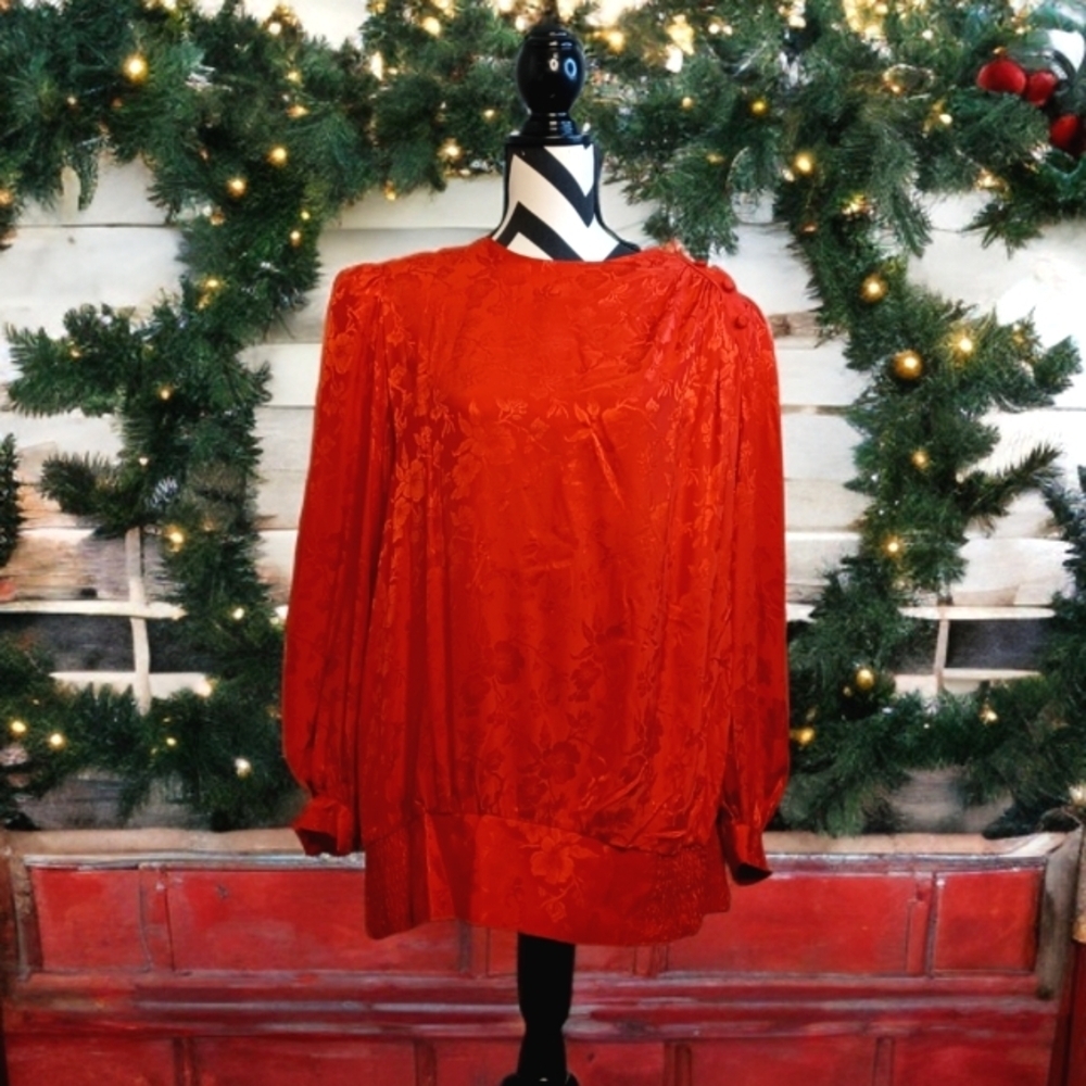 Vintage Long-Sleeve Floral Jacquard Pattern Loose Fit 100% Silk Party Blouse